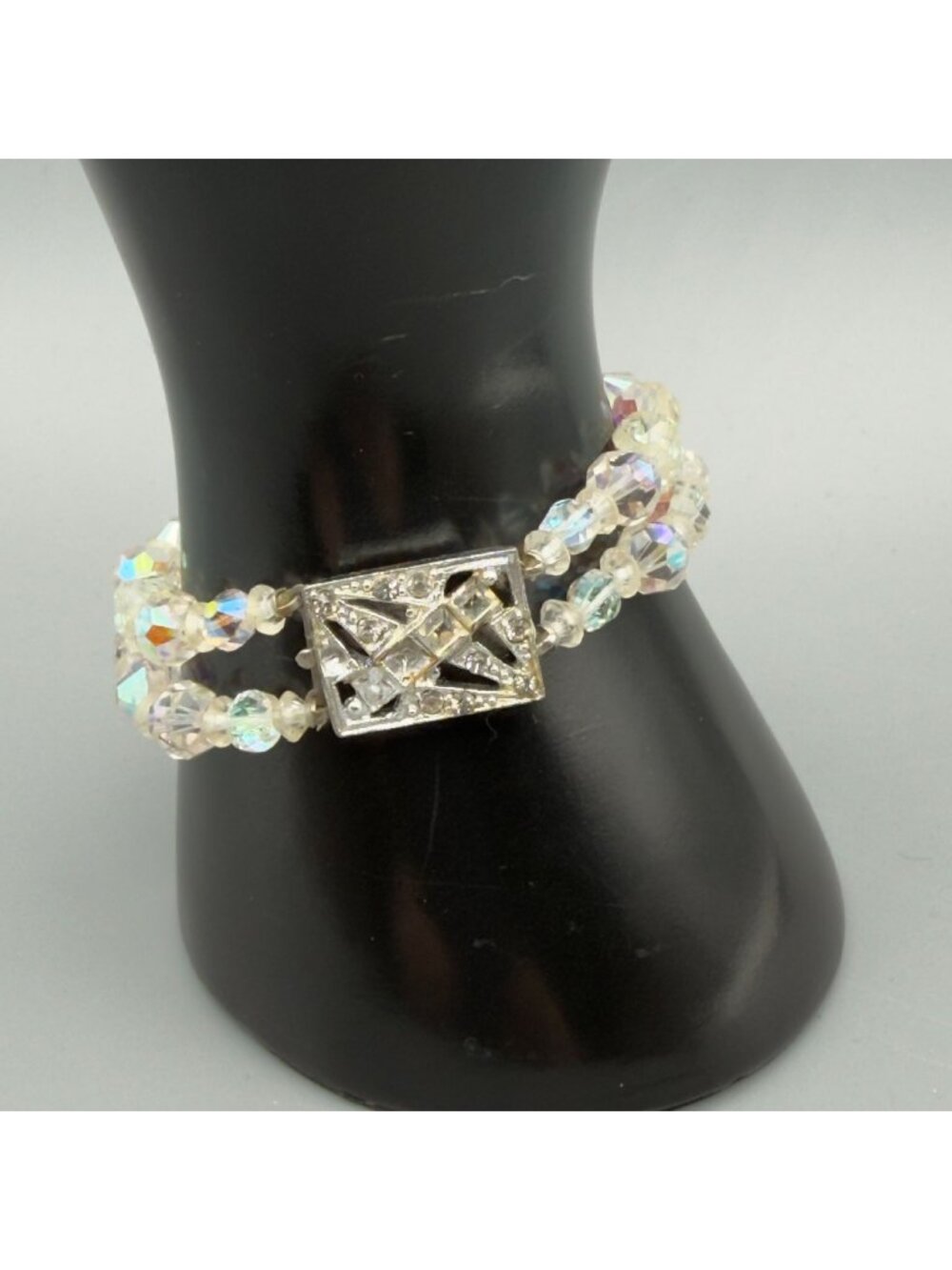Vintage AB Crystal 2 Strand Beaded Bracelet Rhinestone Art Deco Clasp 7 Inch